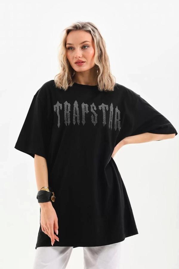 Unisex Taş Desenli Oversize T-Shirt - Siyah - Image 1