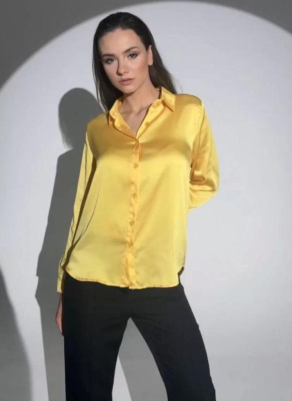 Kadın Uzun Kollu Düğmeli Buluz Gömlek - Sarı - Image 1