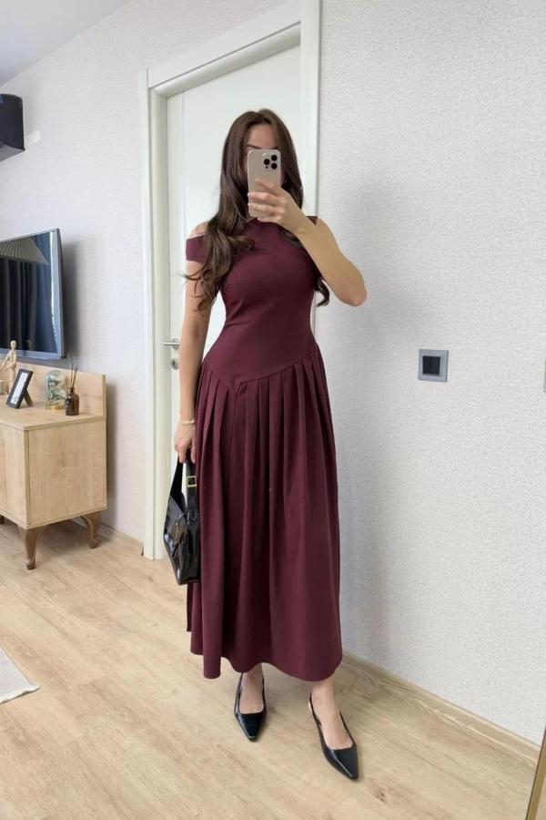 Asimetrik düşük yaka Kolsuz Uzun Elbise - Bordo - Image 1