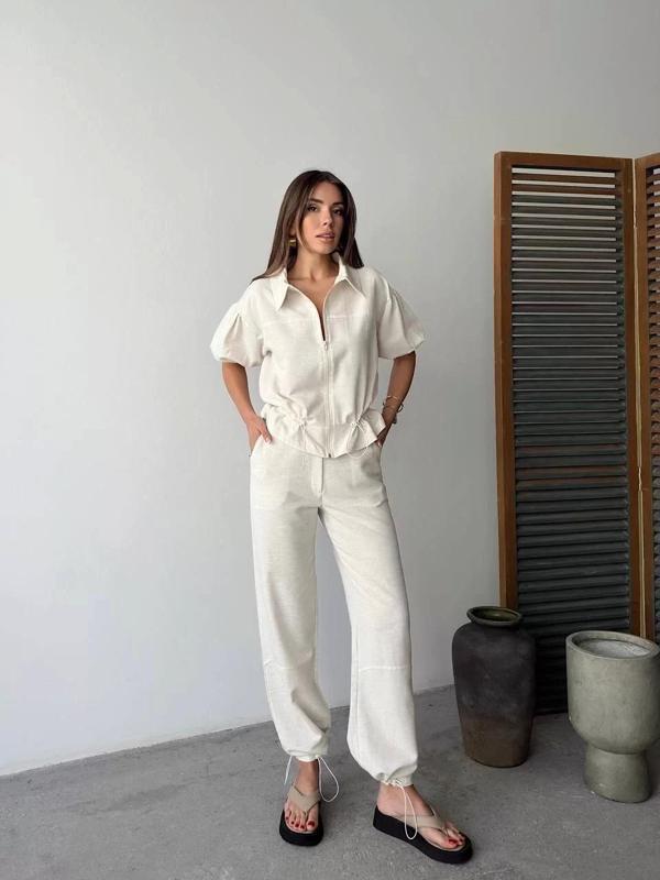 Keten Tam Fermuarlı Kısa kollu Gömlek Pantolon ikili Takım - Beyaz - Image 1
