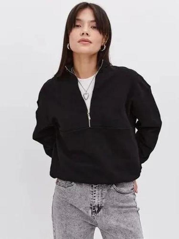 Oversize Yarım Farmuarlı Yakalı Basic SweatShirt - Siyah - Image 1