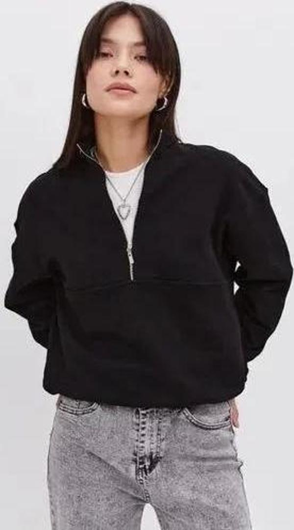 Oversize Yarım Farmuarlı Yakalı Basic SweatShirt - Siyah - Image 1