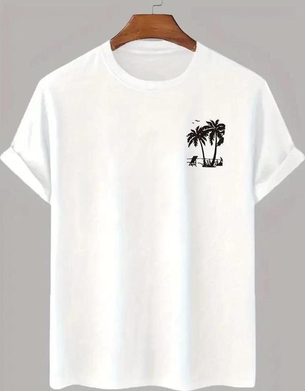 20/1 Penye Compack Palmiye Ön Baskılı Oversize Bisiklet Yaka Kısa Kol Yazlık T-shirt - Beyaz - Image 1