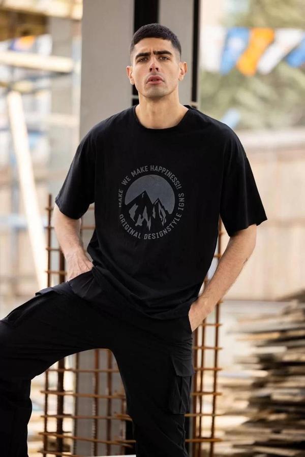 Unisex Bisiklet Yaka Baskılı Oversize T-Shirt - Siyah - Image 1