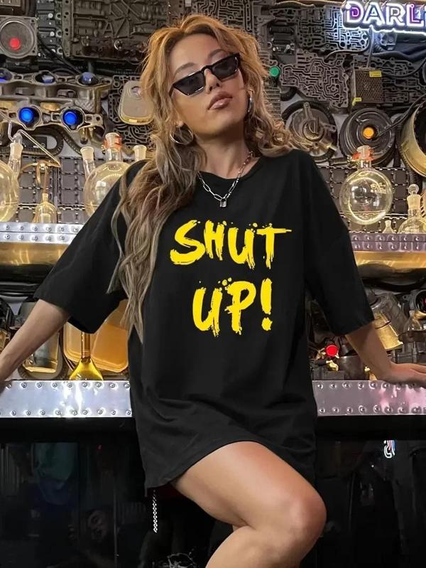 20/1 Penye Compack Shut up Baskılı Oversize Bisiklet Yaka Kısa Kol T-shirt - Siyah - Image 1