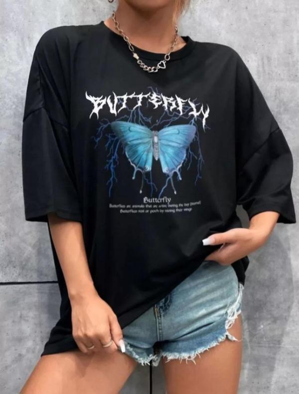 Unisex Baskılı Oversize T-Shirt - Siyah - Image 1