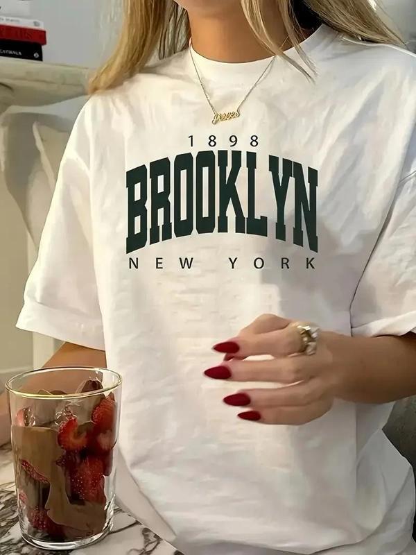 Brooklyn Harf Baskılı Düşük Omuzlu T-shirt, Rahat Kısa Kollu Bol T-shirt, Kadın Giyim - Beyaz - Image 1
