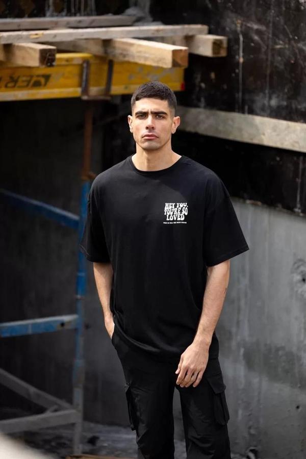 Unisex Bisiklet Yaka Baskılı Oversize T-Shirt - Siyah - Image 1