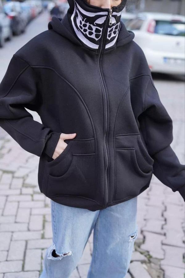 Samuray Kapşonlu ZIP Fermuarlı Çift Kapşonlu Nakışlı SweatShirt- Siyah - Image 1