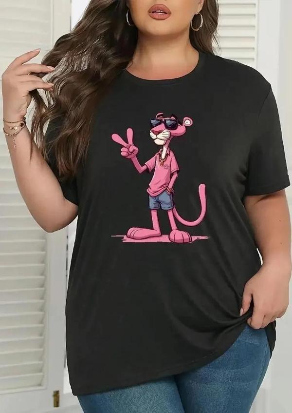 20/1 Penye Compack Pembe Panter Baskılı Oversize Bisiklet Yaka Kısa Kol Yazlık T-shirt - Beyaz - Image 1
