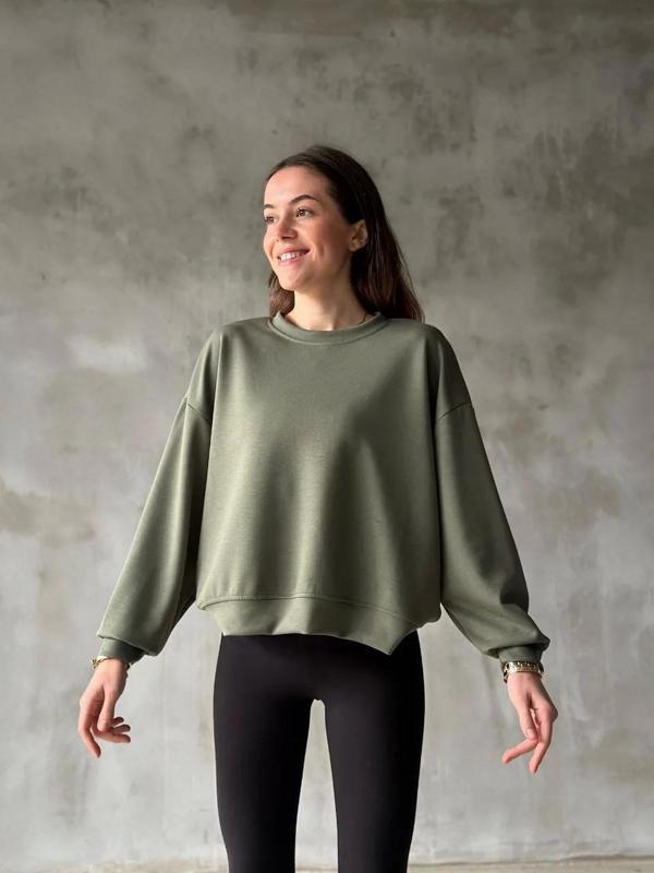 Osy Modal Yumuşak dokulu Kumaş Bisiklet Yaka Oversize Sweatshirt - Haki - Image 1