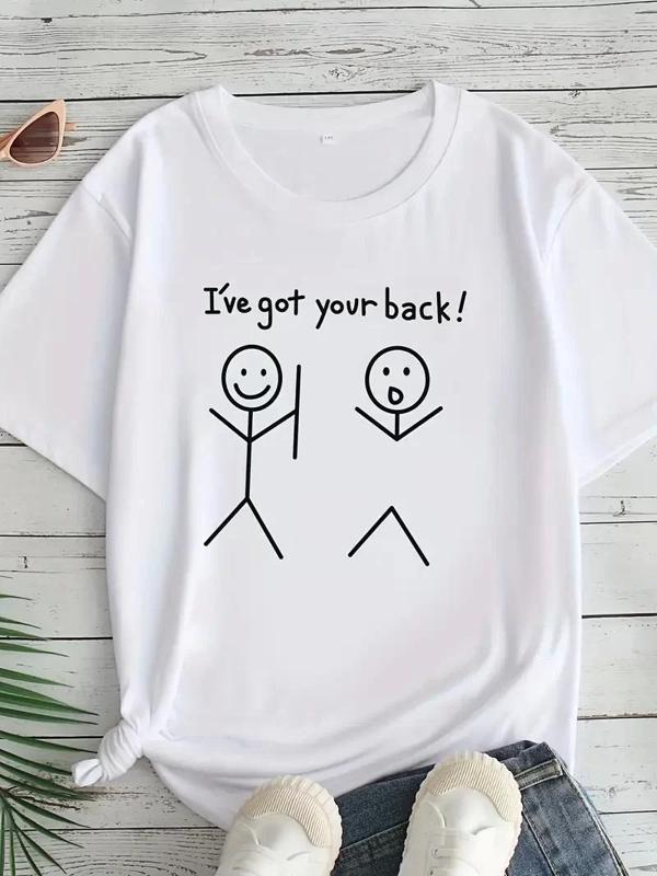 Kadın Beyaz "I've Got Your Back" Grafik Tişört - Eğlenceli Çubuk Tasarımlı Oversize Günlük Kısa Koll - Image 1