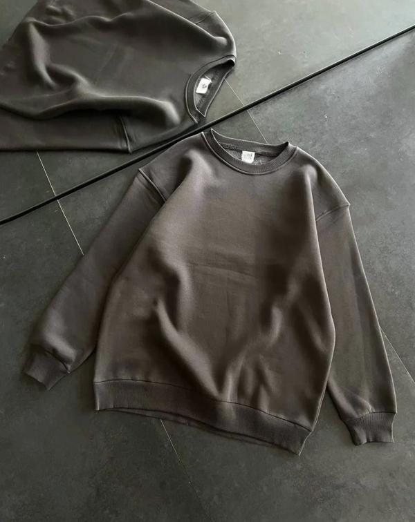 Kışlık Bisiklet Yaka Üç İplik Basic SweatShirt - Füme - Image 1