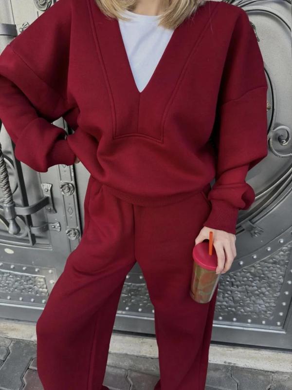 Geniş V Yaka Üç İplik Sweat Takım - Bordo - Image 1