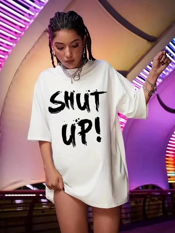 20/1 Penye Compack Oversize Beyaz Shut Up Kısa Kol Yazlık Tişört - Beyaz - Image 1