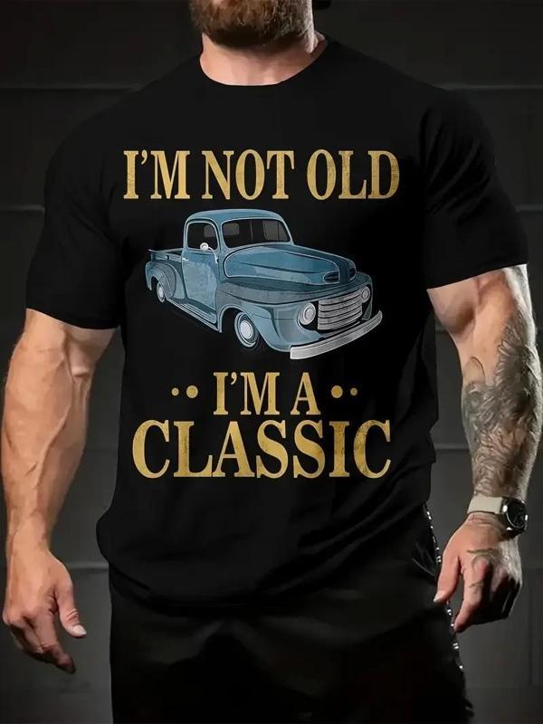 Erkek Vintage Araba Grafik T-Shirt - "Ben Yaşlı Değilim Ben Bir Klasiğim" Esprili Baskı  Nefes Alabi - Image 1