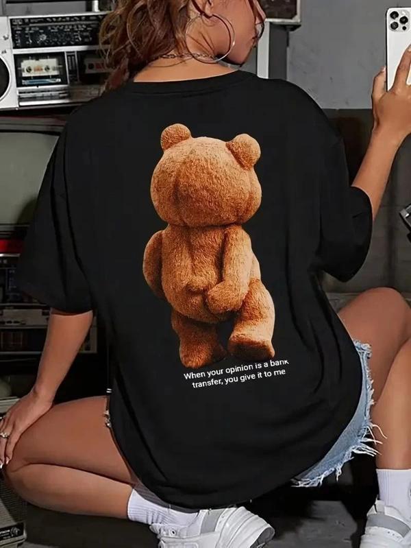 Büyük Boy Ayıcık Baskılı Bisiklet Yaka T-Shirt, İlkbahar & Yaz İçin Rahat Kısa Kollu T-Shirt, Kadın  - Image 1