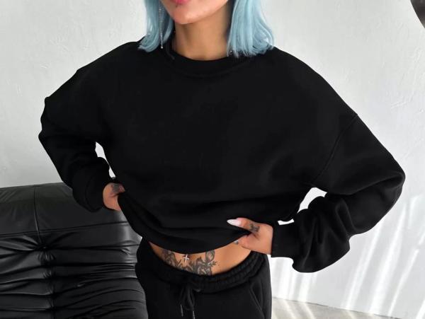 Kışlık Bisiklet Yaka Üç İplik Basic SweatShirt - Siyah - Image 1