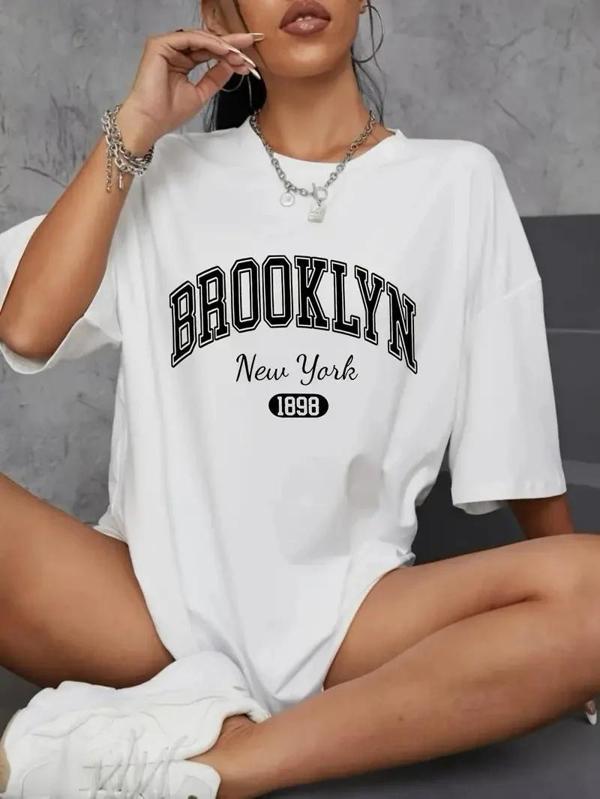 Brooklyn Harf Baskılı Düşük Omuzlu T-shirt, Rahat Kısa Kollu Bol T-shirt, Kadın Giyim - Beyaz - Image 1