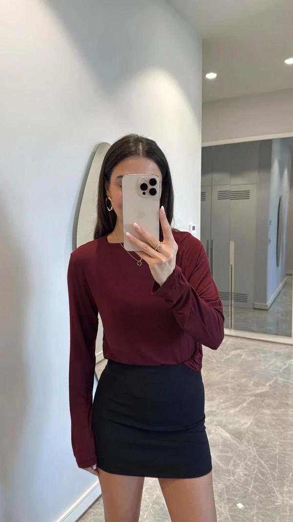 Bisiklet Yaka Uzun Kollu Crop - Bordo - Image 1