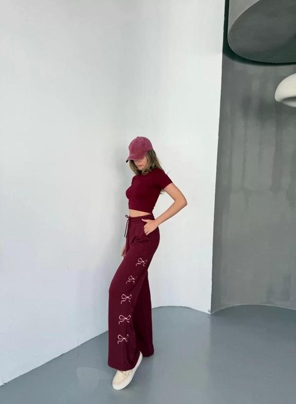 Osy Modal Yumuşak Dokulu Kumaş Nakış işlemeli Rahat Bol Paça Eşofman Pantalon - Bordo - Image 1
