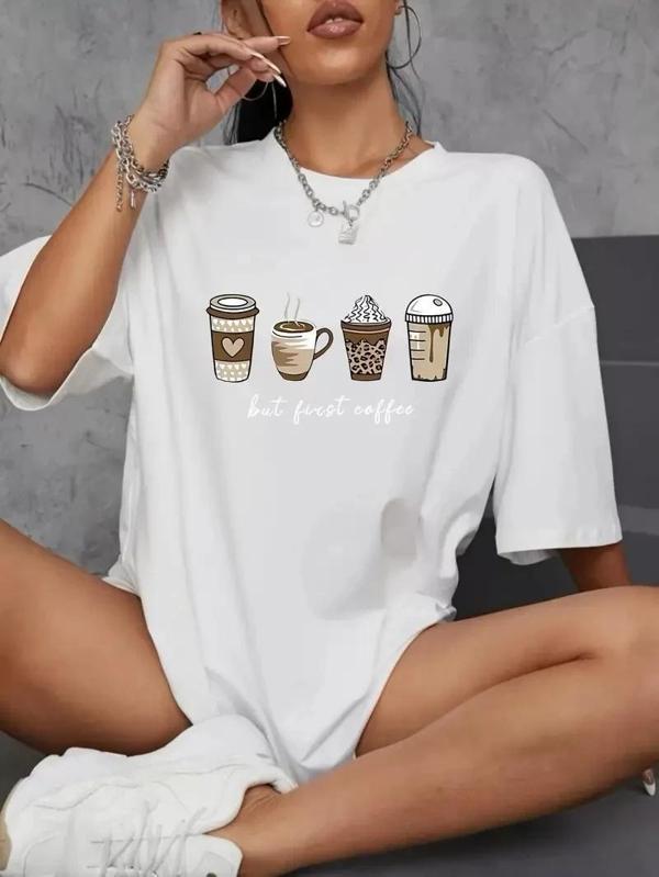 20/1 Penye Compack Baskılı Oversize Kahve Desenli Kadın Kısa Kol T-shirt - Beyaz - Image 1