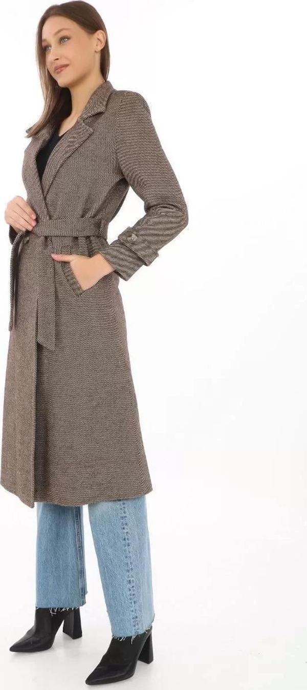 Kadın Astarlı Balık Sırtı Kaşmir Kaşe Kaban - Vizon - Image 1