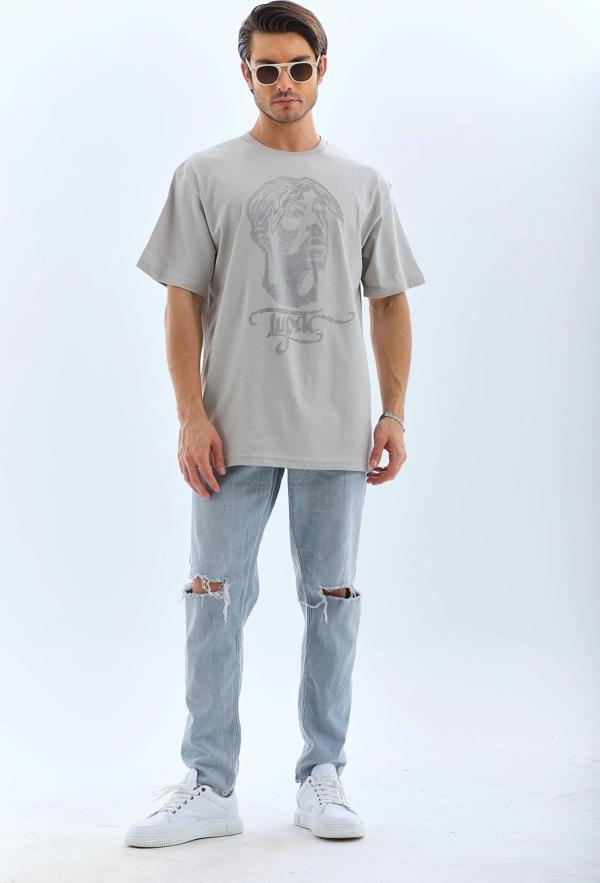 Unisex Oversize Taşlı Bisiklet Yaka T-Shirt - Gri - Image 1