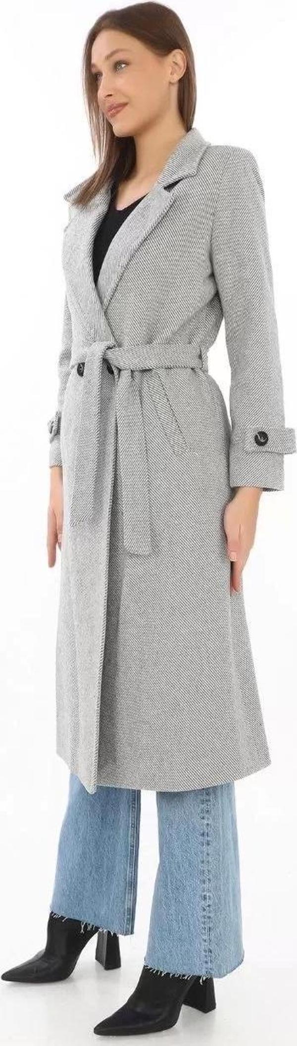 Kadın Astarlı Balık Sırtı Kaşmir Kaşe Kaban - Gri - Image 1