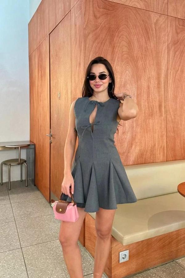 Bağcık detaylı Kolsuz Mini Elbise - Antrasit - Image 1