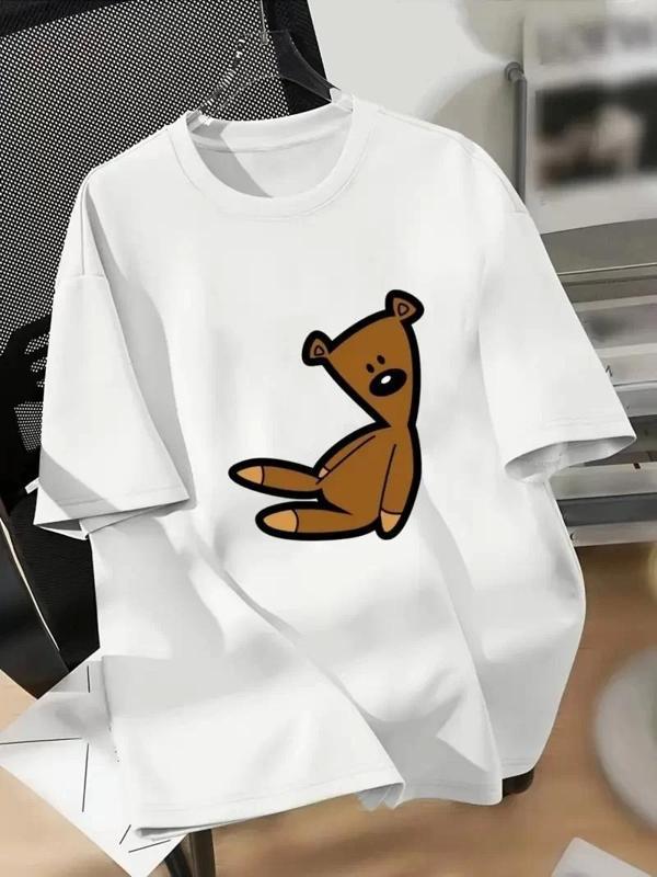 20/1 Penye Compack Ayı Baskılı Oversize Bisiklet Yaka Kısa Kol T-shirt - Beyaz - Image 1