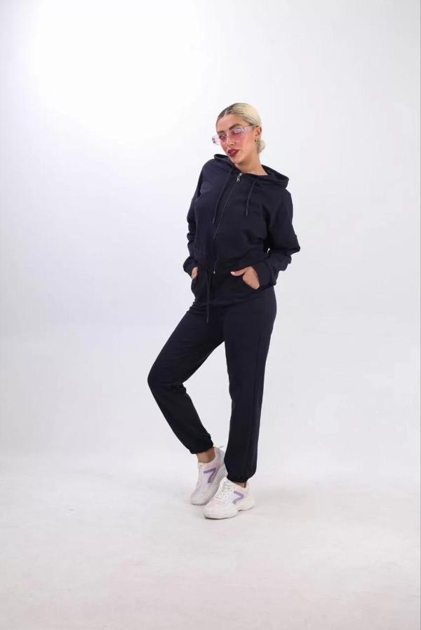 iki iplik Kapüşonlu Fermuarlı Crop Oversize Hırka Takım- Lacivert - Image 1