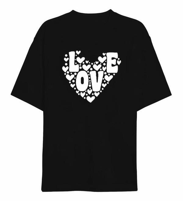 Sevgililer Günü İçin Özel Tasarım Love Kalp Baskılı T-shirt - Siyah - Image 1