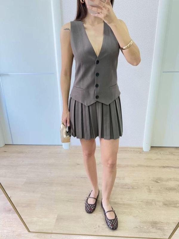 Keten Takım Görünümlü Düğme Detaylı Yelekli Mini Elbise - Füme - Image 1