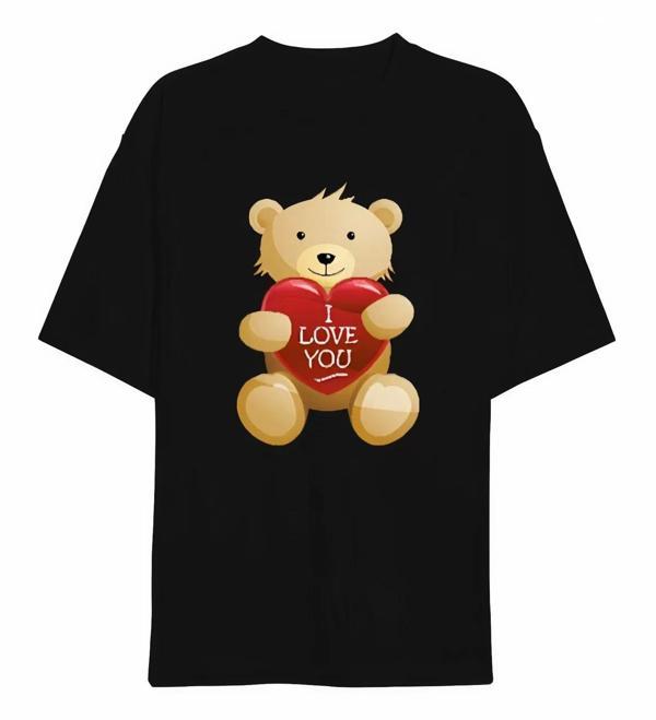 Sevgililer Günü İçin Özel Tasarım I Love You Ayı Baskılı T-shirt - Siyah - Image 1