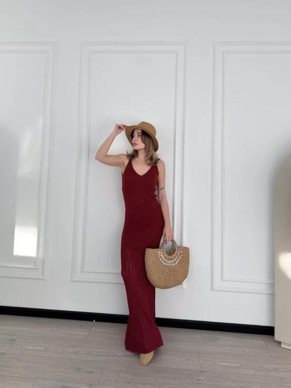 Örgülü Uzun Triko Elbise - Bordo - Image 1