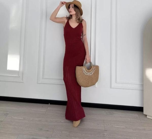 Örgülü Uzun Triko Elbise - Bordo - Image 1