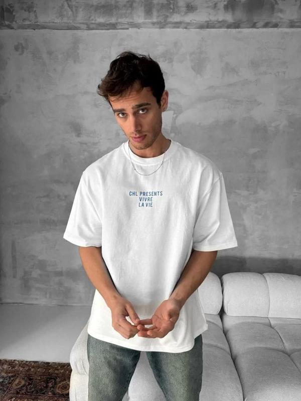 Ön ve Arka Baskılı Oversize Bisiklet Yaka T-shirt- Beyaz - Image 1