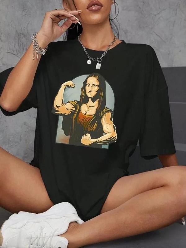 Kadın Baskılı Oversize T-shirt - Siyah - Image 1