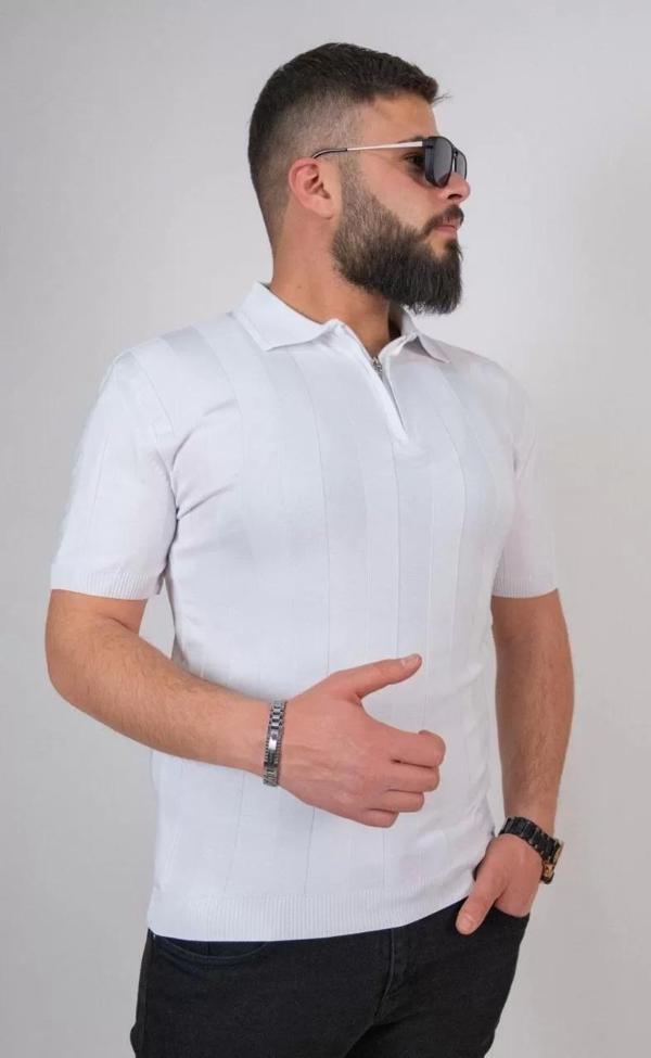 Triko Dokuma Yarım Fermuarlı Yakalı T-shirt - Beyaz - Image 1
