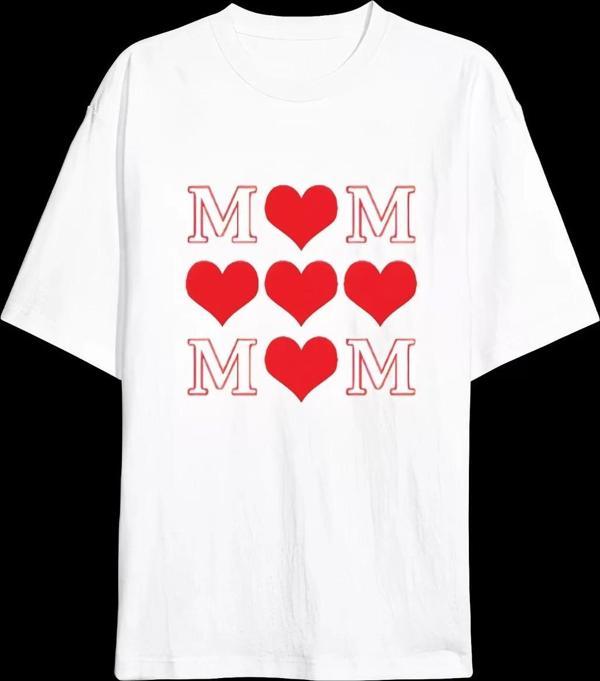 Anneler Gününe Özel Tasarım MOM Kalp Baskılı T-shirt - Beyaz - Image 1