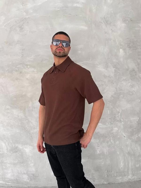 Yakalı Patlı Kısa Kol T-shirt - Kahverengi - Image 1