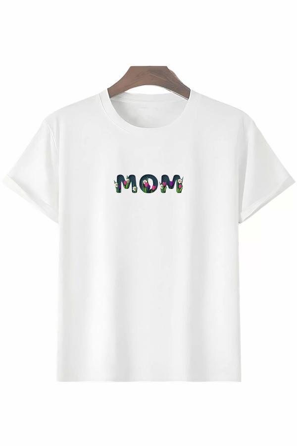 Anneler Gününe Özel Tasarım mom Çiçek Baskılı T-shirt - Beyaz - Image 1
