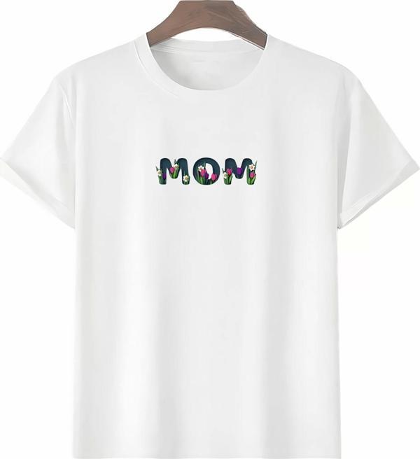 Anneler Gününe Özel Tasarım mom Çiçek Baskılı T-shirt - Beyaz - Image 1