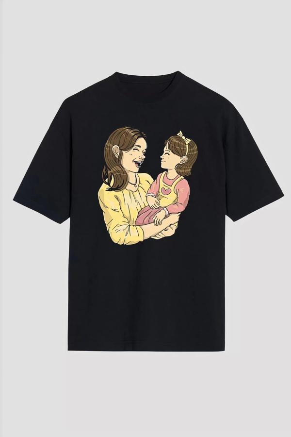 Anneler Gününe Özel Tasarım Anne Kız Baskılı T-shirt - Siyah - Image 1
