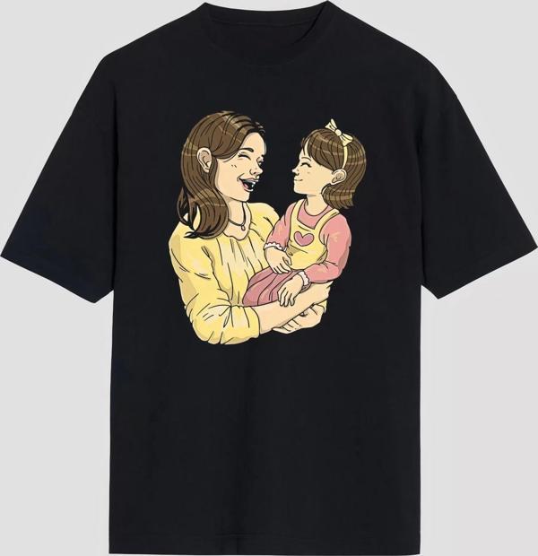 Anneler Gününe Özel Tasarım Anne Kız Baskılı T-shirt - Siyah - Image 1