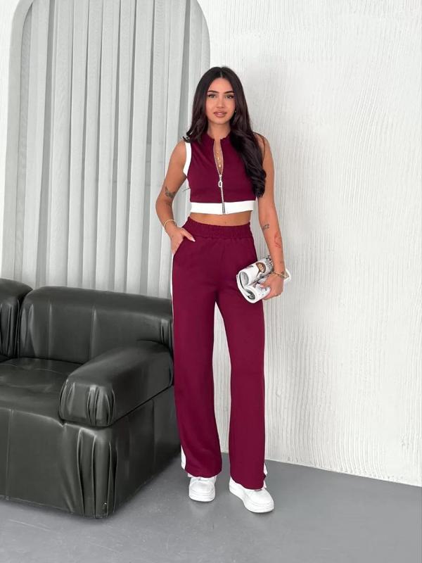 Osy Modal Yumuşak Dokulu Kumaş Tam Fermuarlı Crop Pantalon İkili Takım - Bordo - Image 1