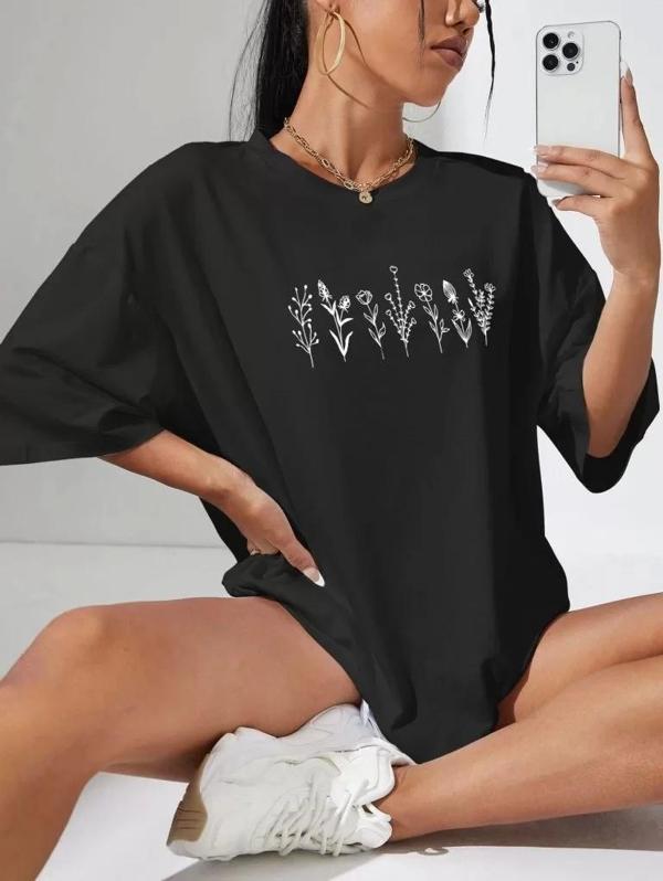 Kadın Baskılı Oversize T-shirt - Siyah - Image 1