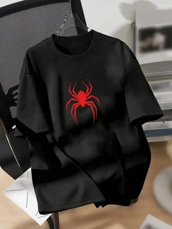 20/1 Penye Compack Spider Baskılı Oversize Unisex Kısa Kol Yazlık T-shirt - Siyah - Image 1