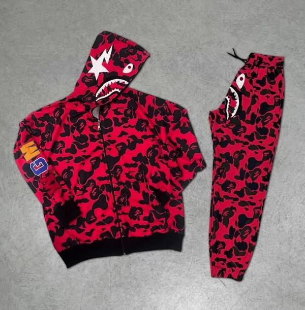 Unisex Pubg Bape x Shark Eşofman Takımı - Kırmızı - Image 1
